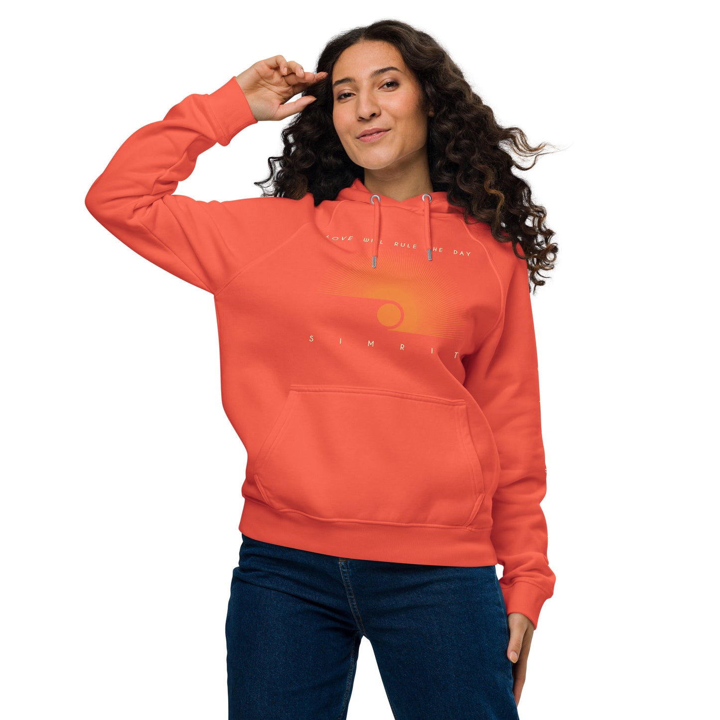"Love Will Rule The Day" Unisex Eco Raglan Hoodie - Orange