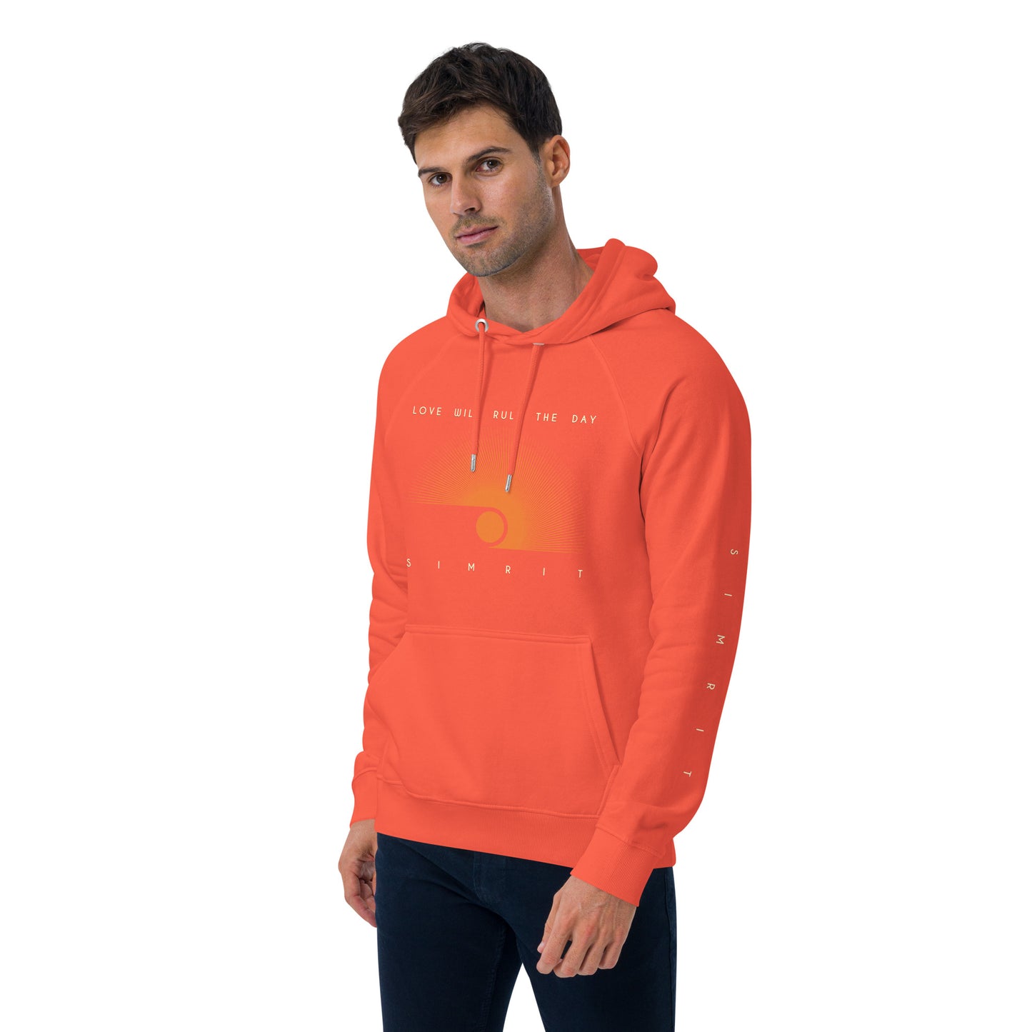 "Love Will Rule The Day" Unisex Eco Raglan Hoodie - Orange