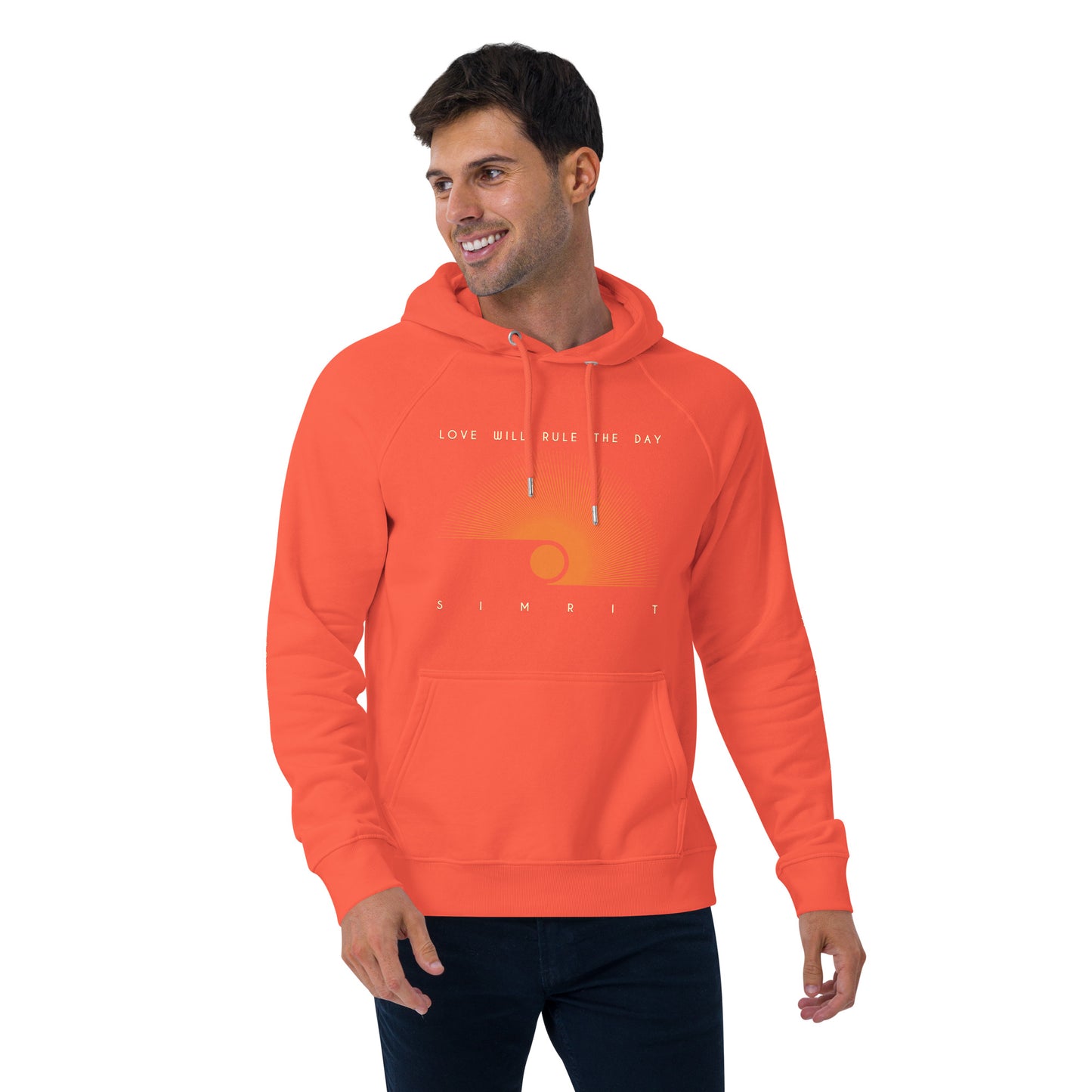 "Love Will Rule The Day" Unisex Eco Raglan Hoodie - Orange
